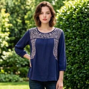 Skies Are Blue Sia Navy Embroidered Peasant Top